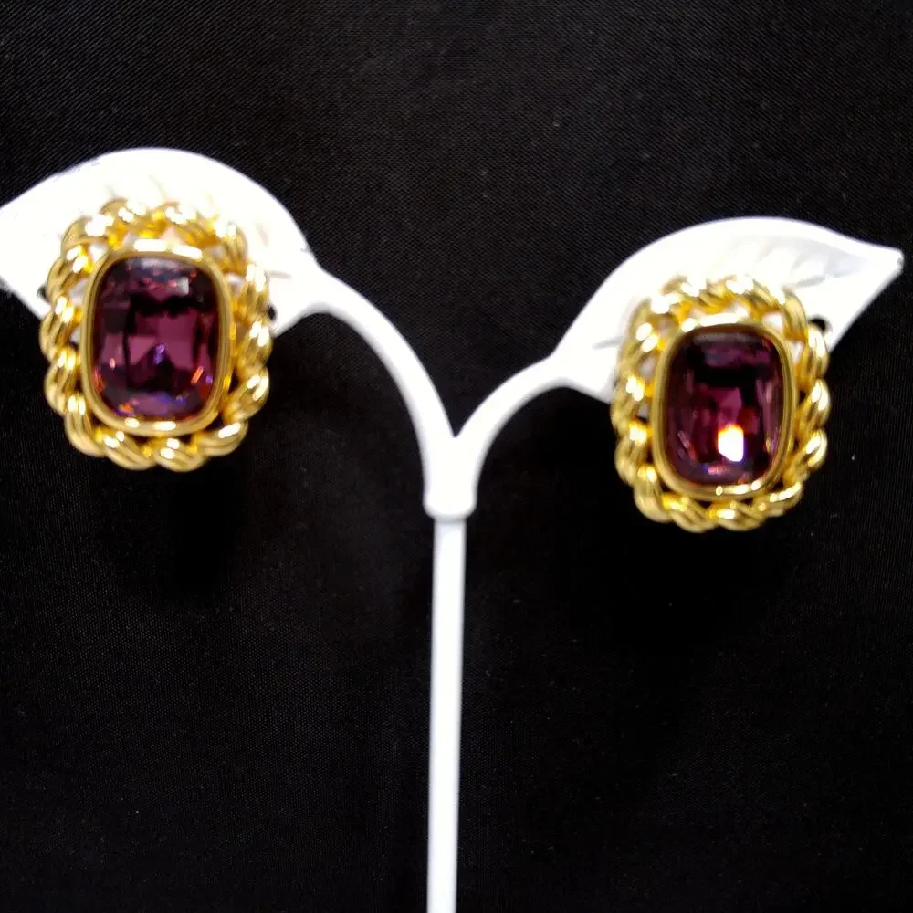 Swarovski S.A.L. Earrings, Purple Crystal Clip Ons, Gold Rope Design, 1970s